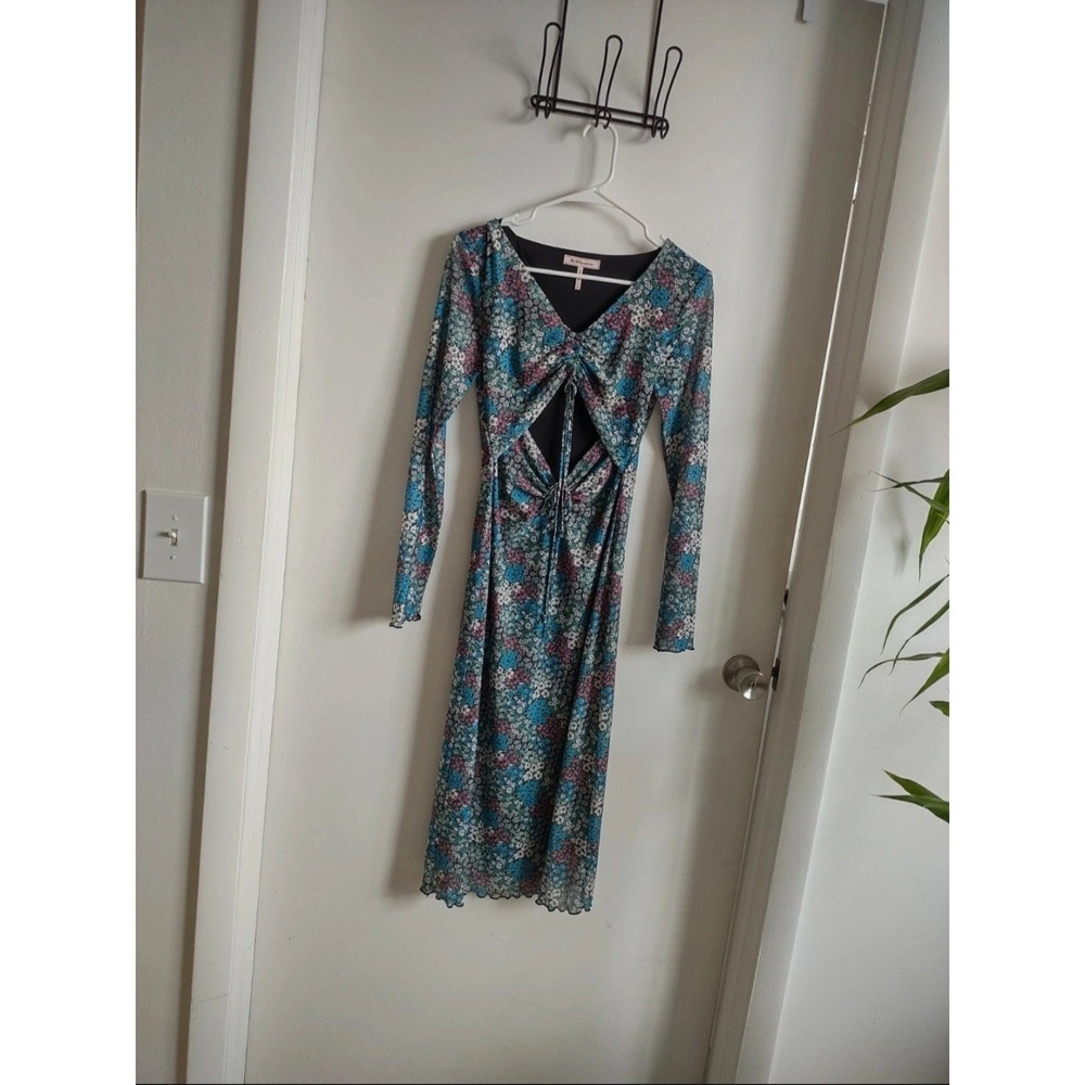 BCBGeneration Floral Mesh Cutout Ruched Midi Dress Blue Pink Green Size T Small - Picture 2 of 7